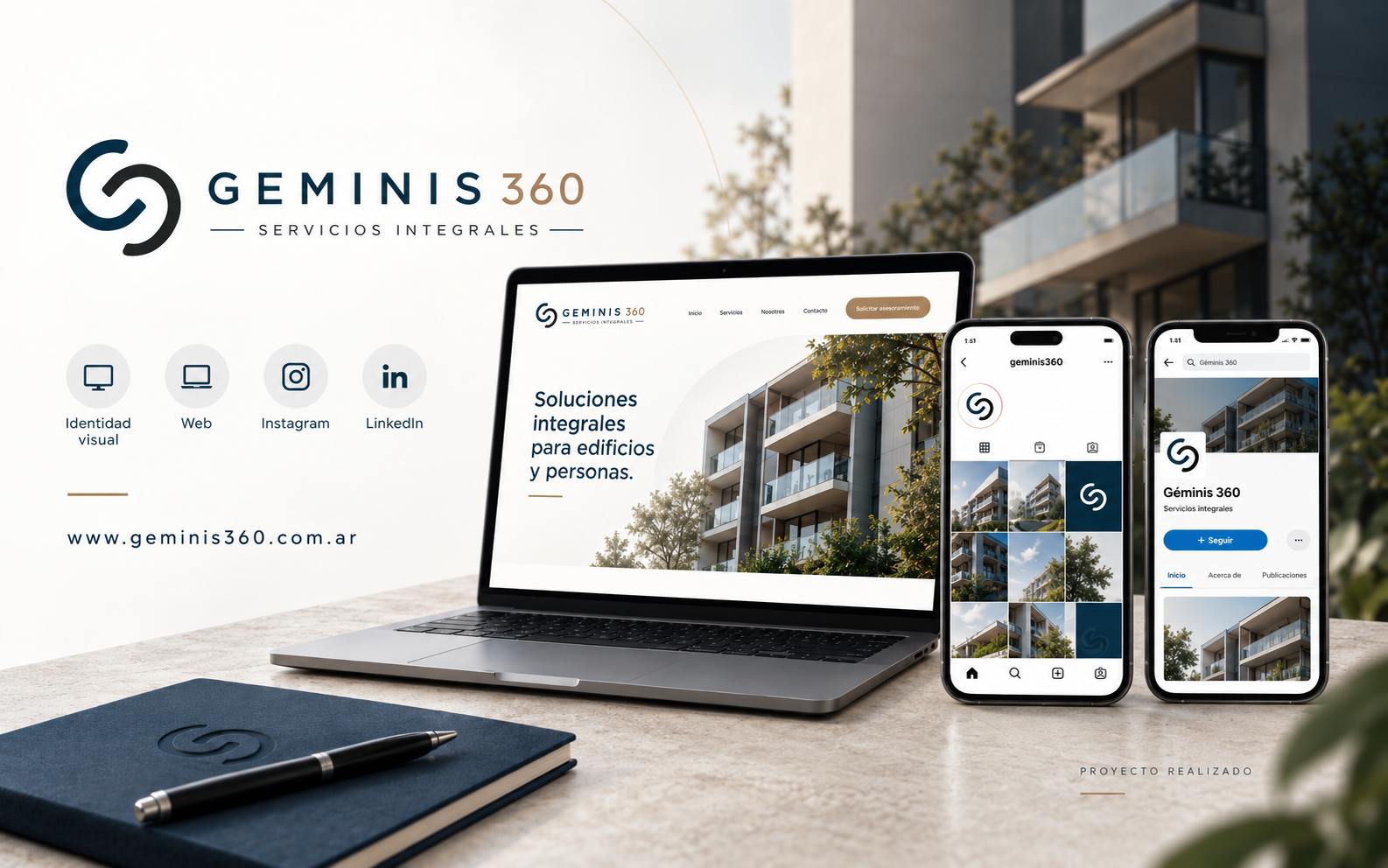 Identidad de Géminis 360 y su presencia en web y redes sociales.