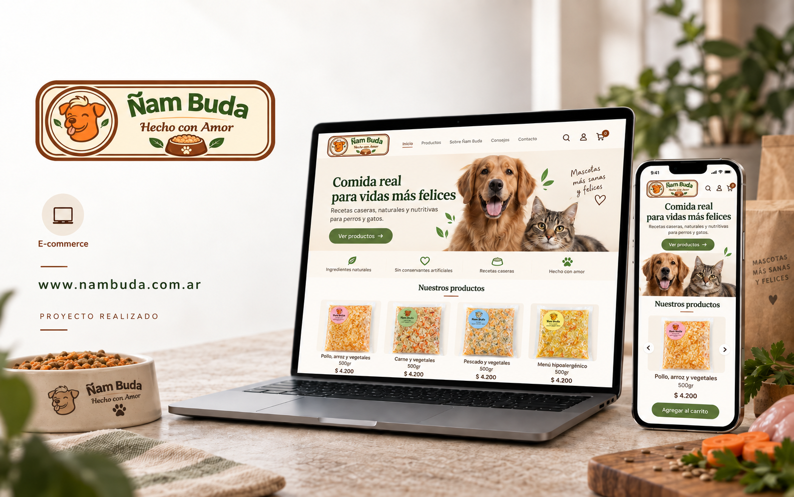 Tienda online de Ñam Buda en computadora y celular.